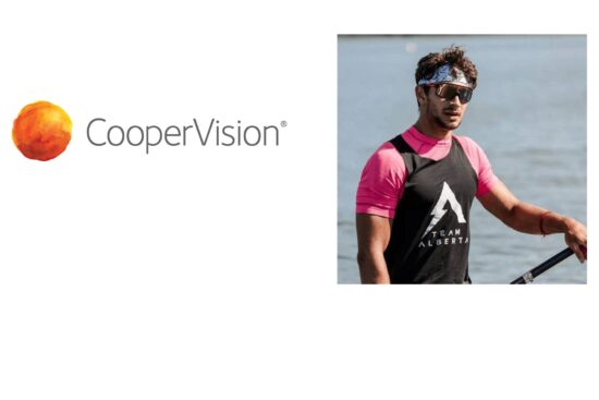 CooperVision logo alongside photo of sponsored athlete Nikita Ciudin, elite sprint canoeist and MiSight 1 day contact lens wearer