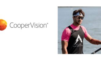 Logo de CooperVision aux côtés d'une photo de l'athlète commandité Nikita Ciudin, canoéiste de sprint d'élite et porteur de lentilles cornéennes MiSight 1 day