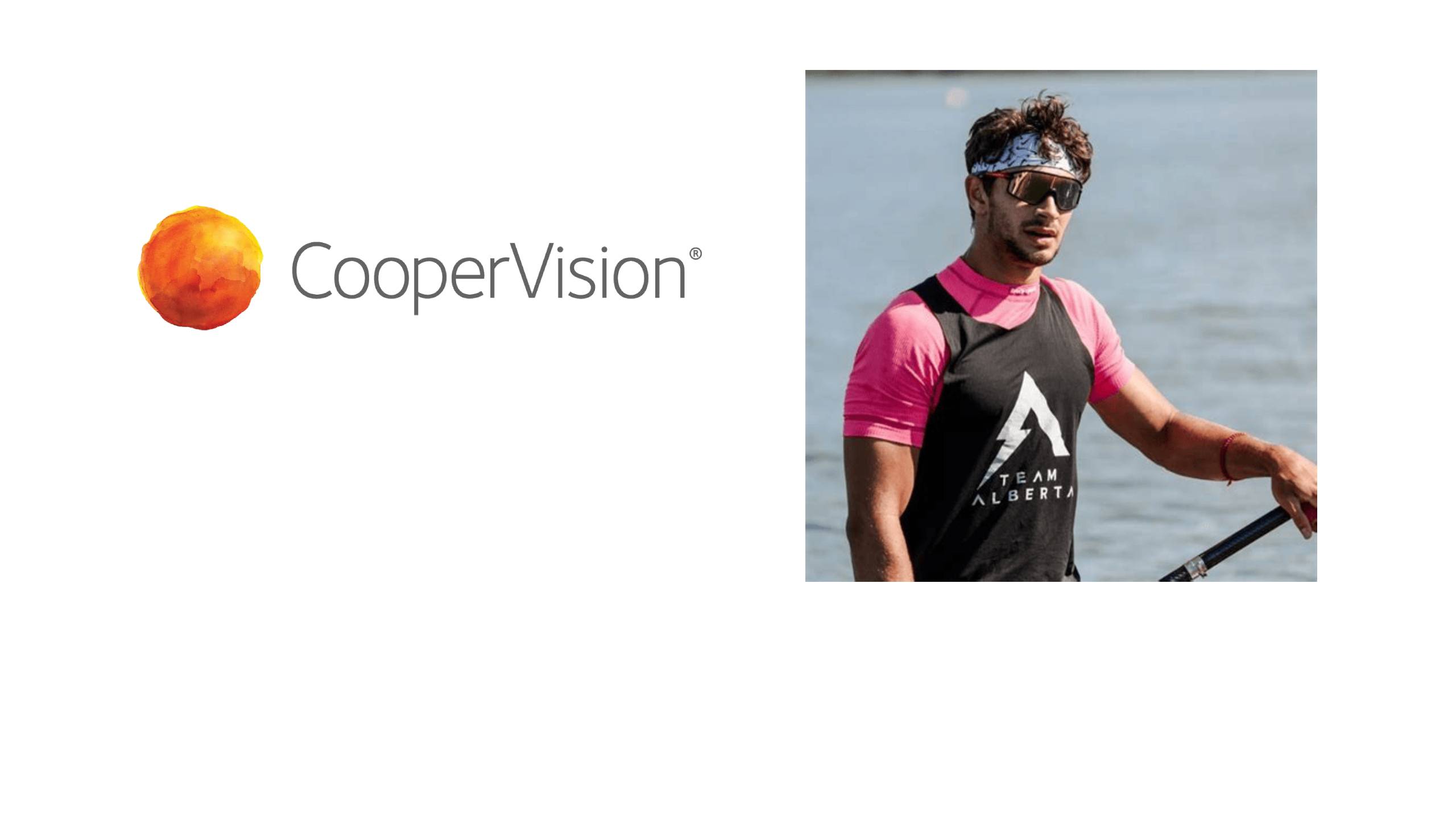 Logo de CooperVision aux côtés d'une photo de l'athlète commandité Nikita Ciudin, canoéiste de sprint d'élite et porteur de lentilles cornéennes MiSight 1 day