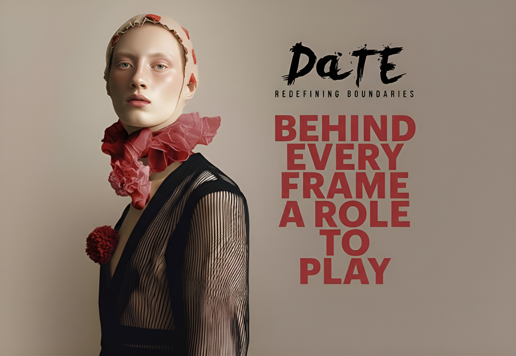 Image promotionnelle pour DaTE 2026 présentant un mannequin en tenue d'avant-garde avec le slogan « Behind Every Frame a Role to Play ».