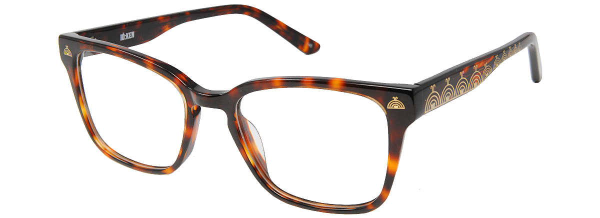 Tortoiseshell Ió:ken Designs eyeglasses with Celestial Sky Dome pattern artwork on the temples