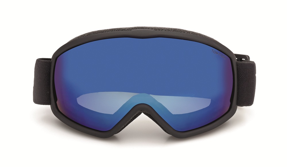 Vue de face du masque d’hiver TOM FORD FT1321 présentant une silhouette épurée et des verres miroirs bleus offrant une protection UV à 100 %.