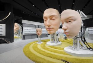 Immersive interior of Gentle Monster's Yorkdale store with surreal kinetic head sculptures on pedestals amid mirrored walls and eyewear displays.
