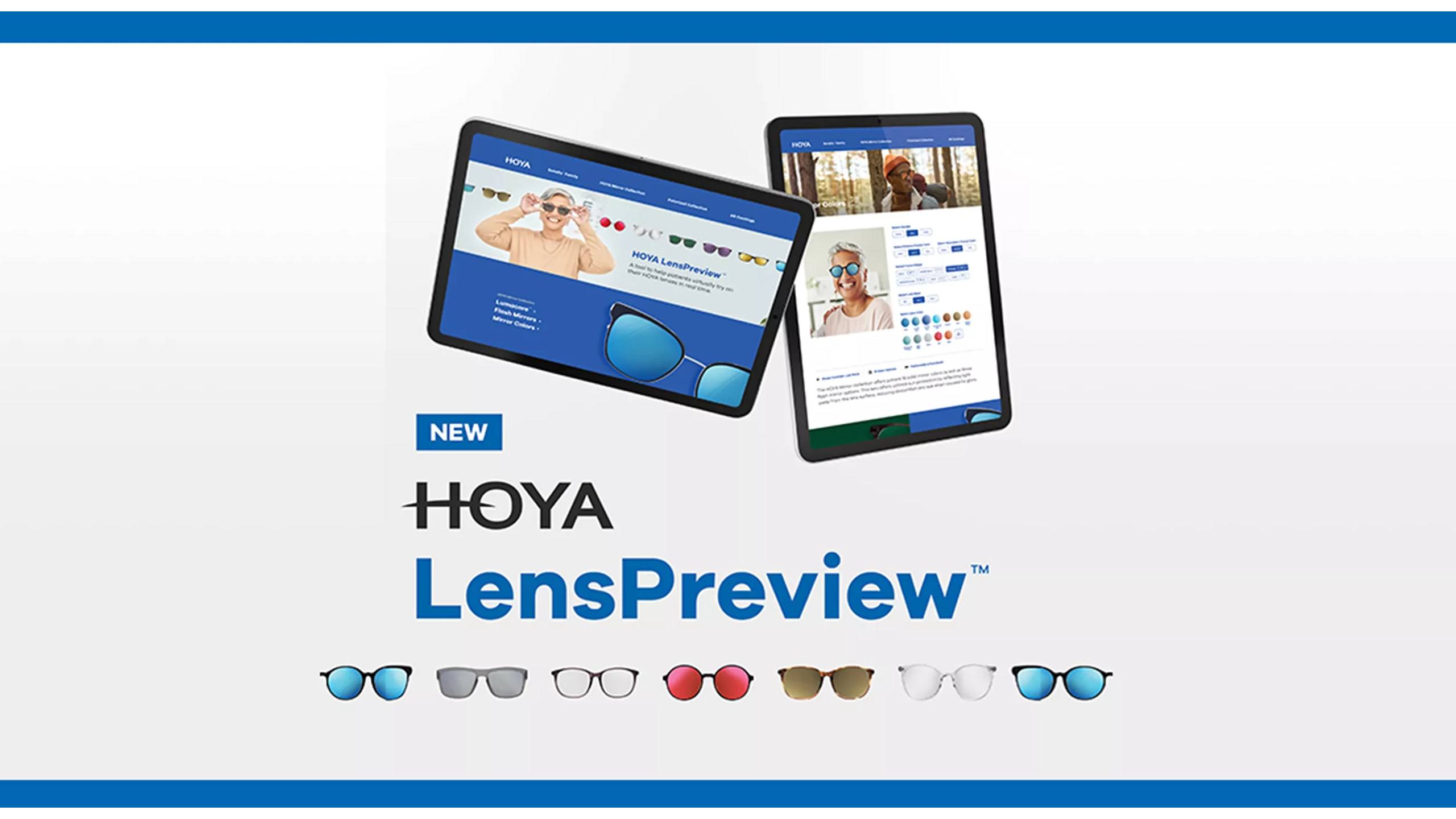 Outil d'essayage virtuel HOYA LensPreview affiché sur tablettes avec image de marque du produit et échantillons de verres montrant diverses teintes et traitements miroir