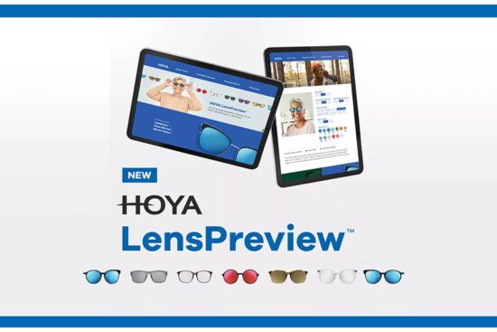 HOYA LensPreview virtual try-on tool displayed on tablets with product branding and lens samples showing various tints and mirror coatings