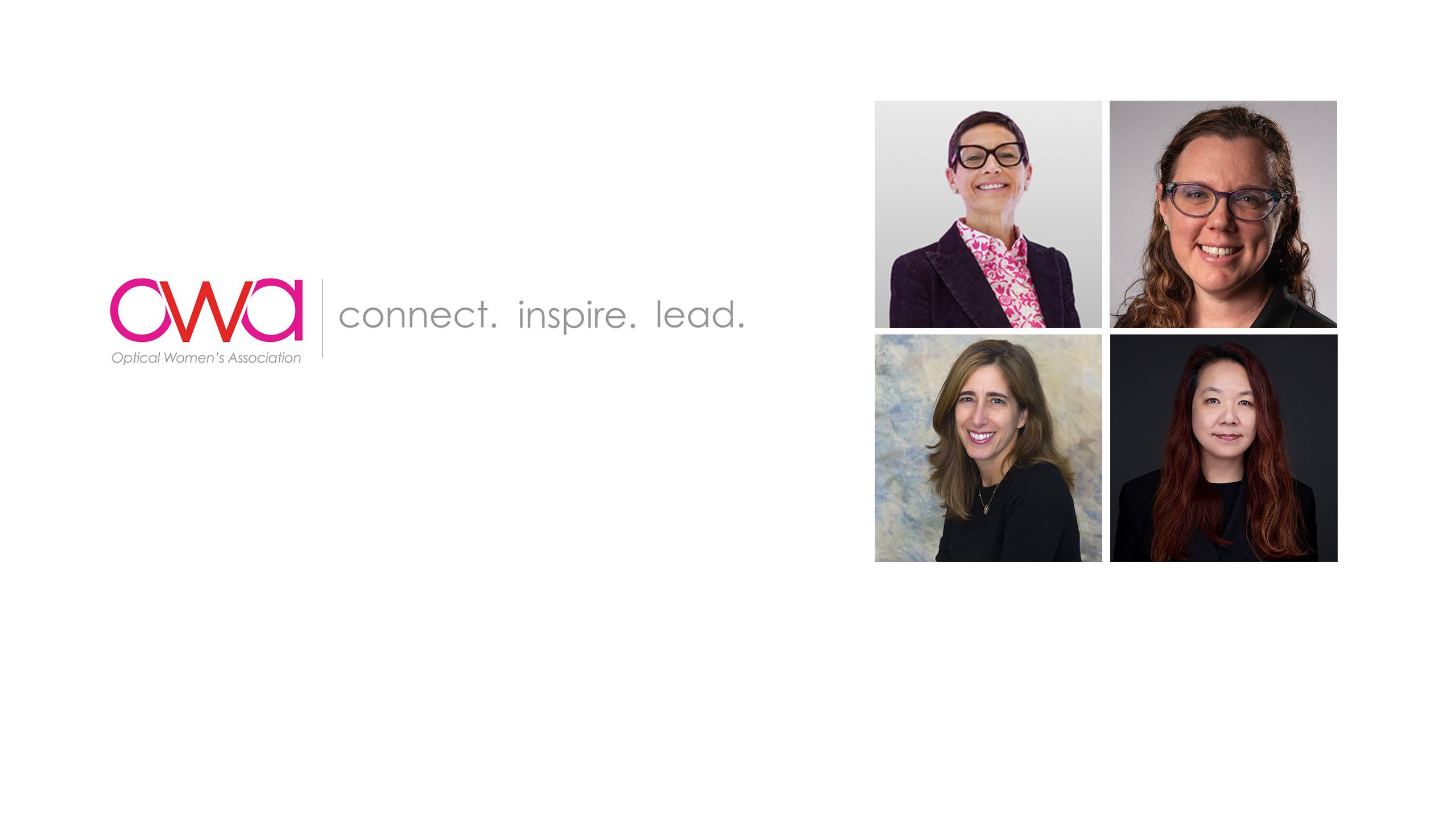 Logo de l’Optical Women’s Association avec le slogan « connect. inspire. lead. » accompagné de quatre portraits floutés des lauréates 2026.