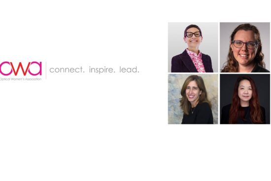 Optical Women’s Association logo with the tagline “connect. inspire. lead.” alongside four blurred portraits of 2026 award honourees.