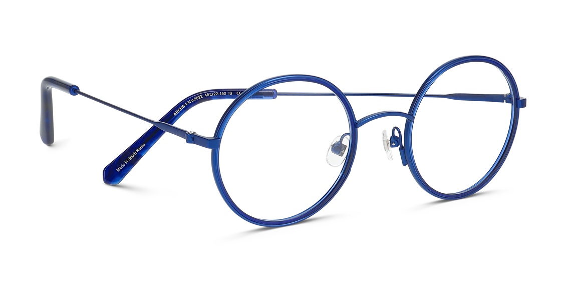 Monture optique ProDesign ronde et minimaliste dans une finition bleu électrique éclatante.