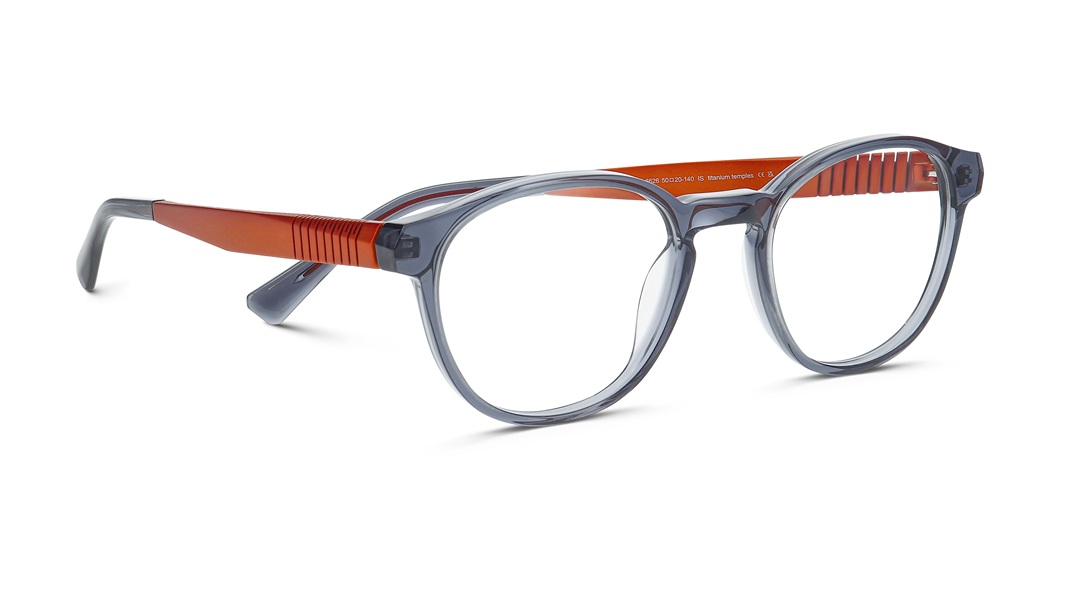 Monture optique ProDesign en acétate gris avec des branches en titane orange brûlé texturées.