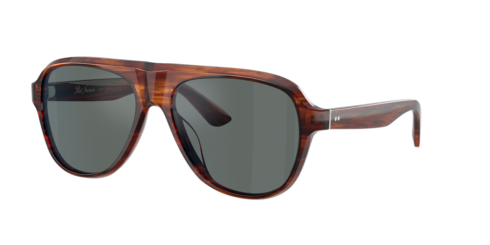 Product shot of the Paul Newman Sun frames in "Dark Amber Smoke" striped acetate with solid grey lenses.