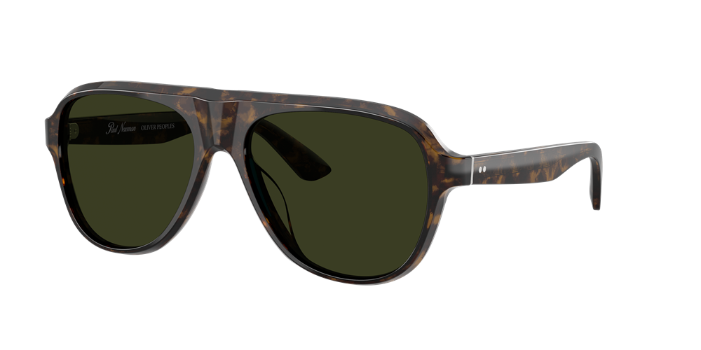 Photo de produit des lunettes de soleil Paul Newman Sun en acétate « Walnut Tortoise » (écaille de noix) avec des verres polarisés vert foncé.