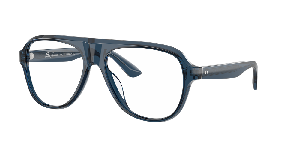 Photo de produit de la monture optique « Newman Blue » présentant un acétate bleu profond transparent et une forme de verre en goutte d'eau distinctive.