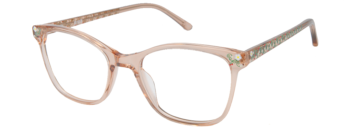 Translucent pink Ió:ken Designs eyeglasses with beadwork-inspired pattern detailing on the temples