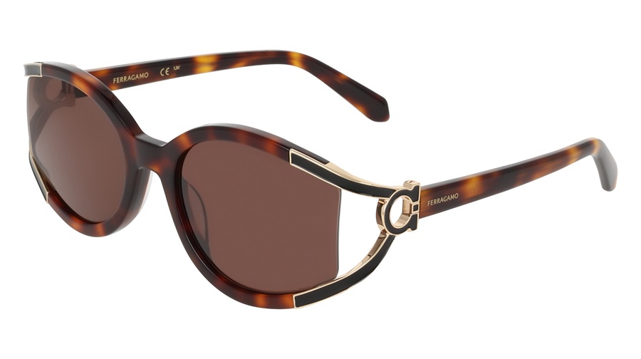 Profile view of SF2111S sunglasses in Tortoise acetate featuring a cut-out construction, "suspended" Solid Brown lenses, and an enamel-finished Gancini hinge.