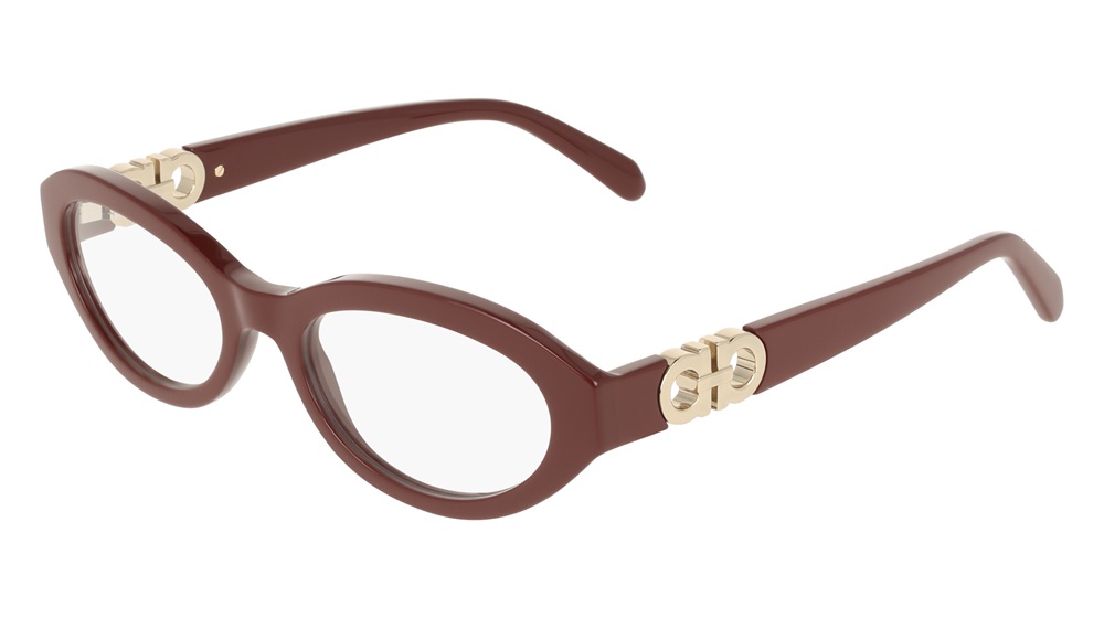 Profile view of SF3057 optical frames in Burgundy acetate featuring a gold-finished Double Gancini motif integrated into the hinge.
