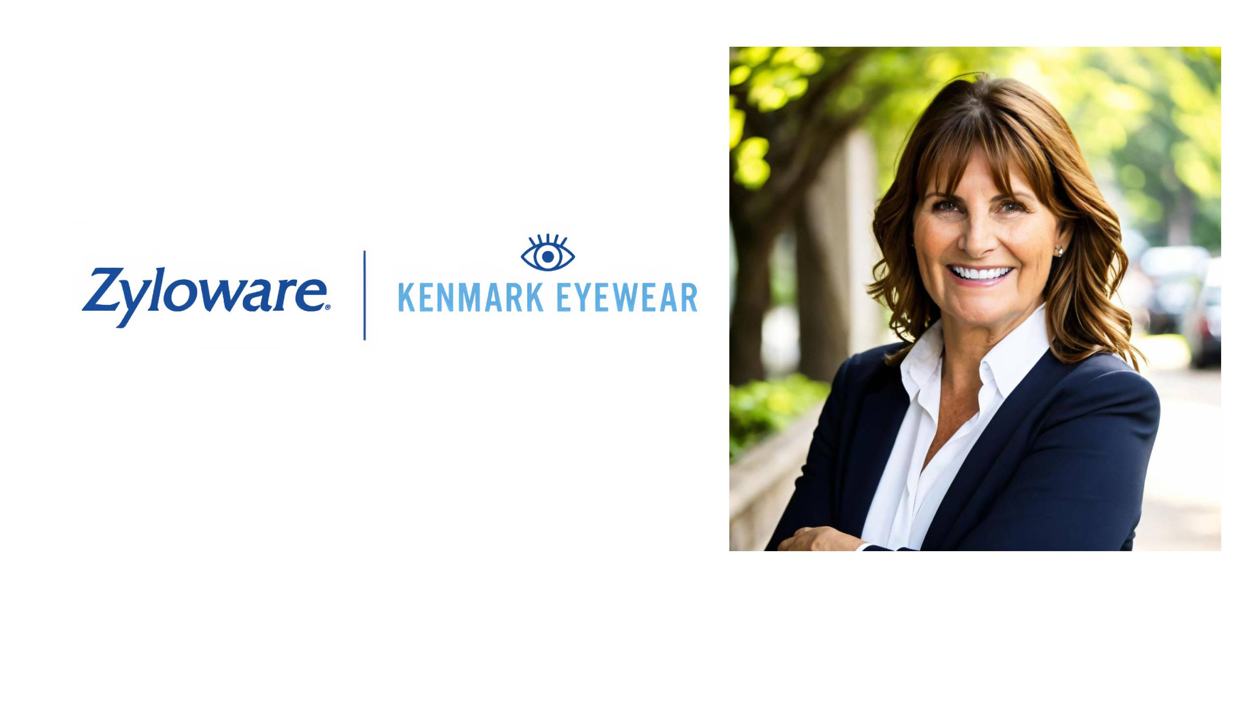 Zyloware and Kenmark Eyewear logos alongside professional portrait of Victoria Hallberg
