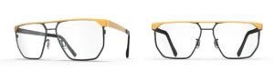 Lunettes Blackfin SS26 en titane avec accents dorés, vue de face et de profil