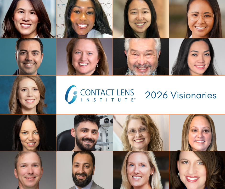 Grid of professional headshot photos showing the 2026 Contact Lens Institute Visionaries, featuring diverse eye care professionals smiling at the camera, with the Contact Lens Institute logo and '2026 Visionaries' text centered in the middle of the grid.