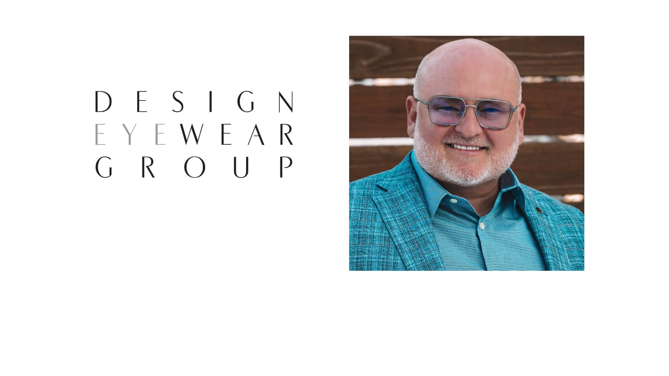 Logo Design Eyewear Group avec portrait professionnel de Heinz Pichler portant des lunettes carrées et un blazer turquoise