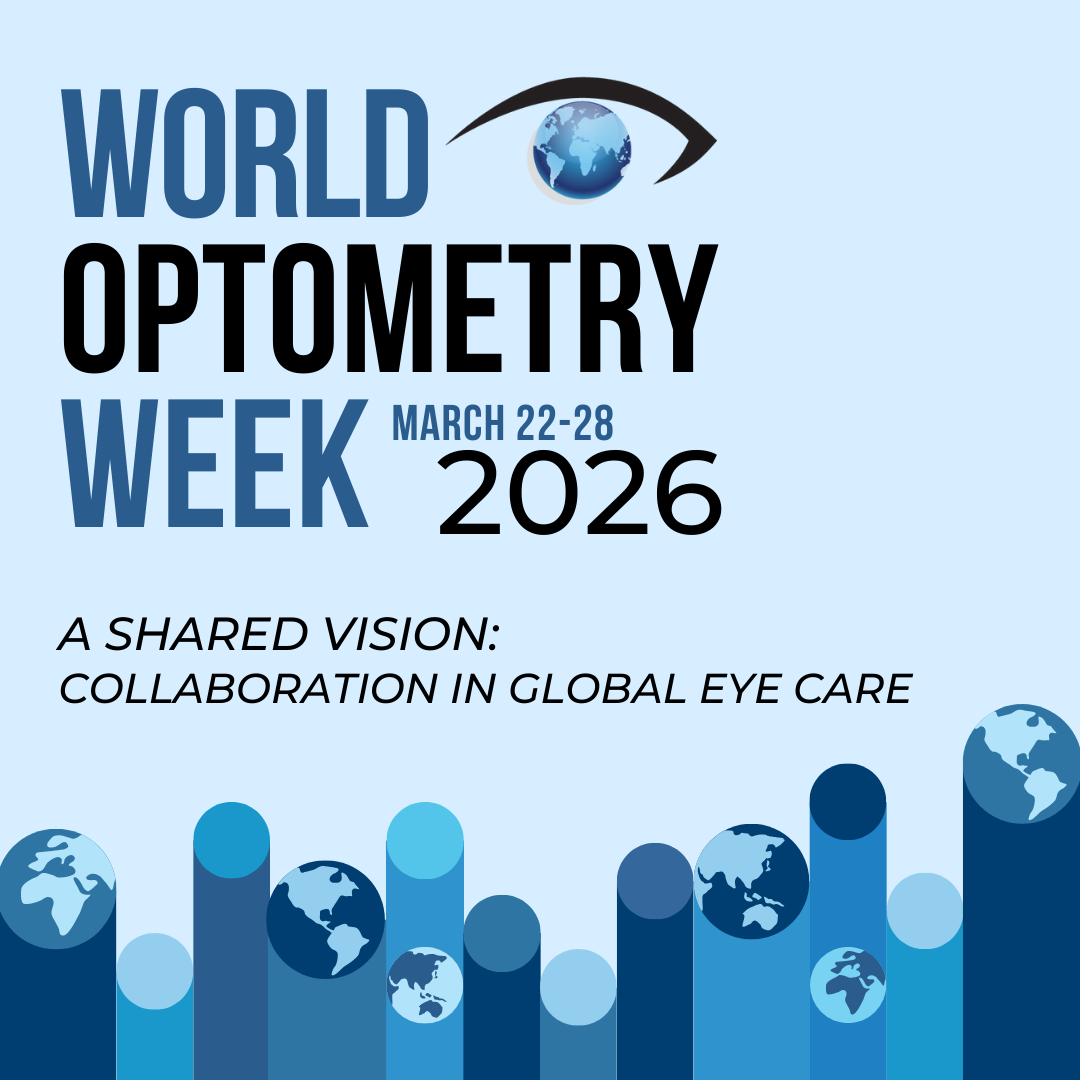 Semaine mondiale de l'optométrie 22-28 mars 2026 - Une vision partagée : Collaboration dans les soins oculaires mondiaux avec logo d'œil et colonnes de globes ascendants