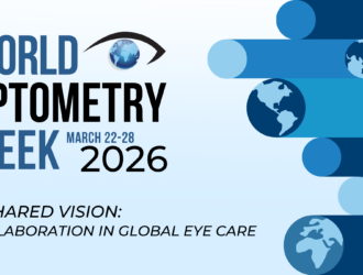 Semaine mondiale de l'optométrie 22-28 mars 2026 - Une vision partagée : Collaboration dans les soins oculaires mondiaux avec logo d'œil et figures mondiales