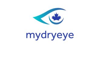 Logo mydryeye représentant un œil stylisé en dégradé bleu et turquoise avec une feuille d'érable au centre