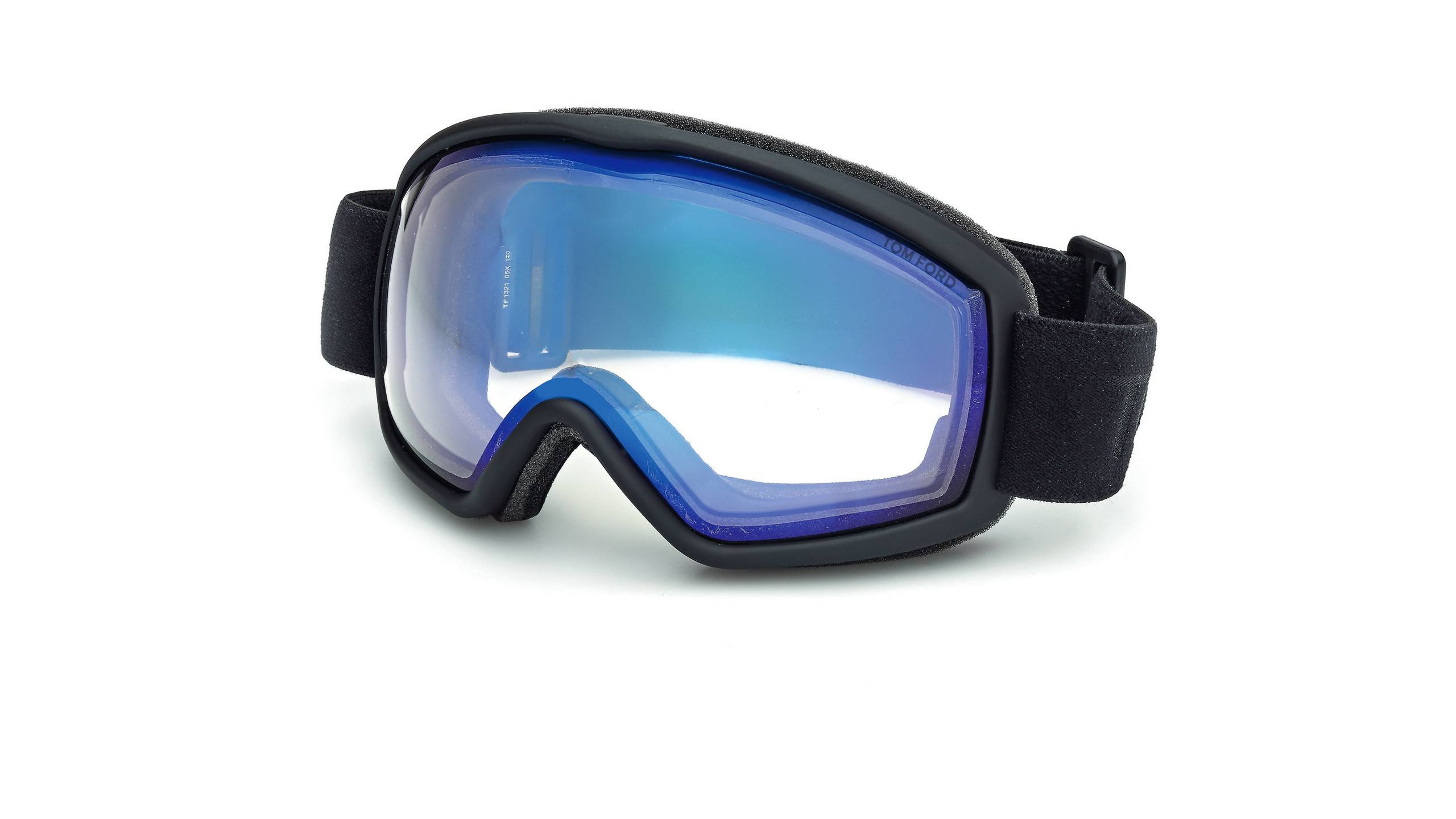 Vue de trois-quarts du masque de ski sphérique TOM FORD FT1321 avec une monture noire et des verres miroirs bleus