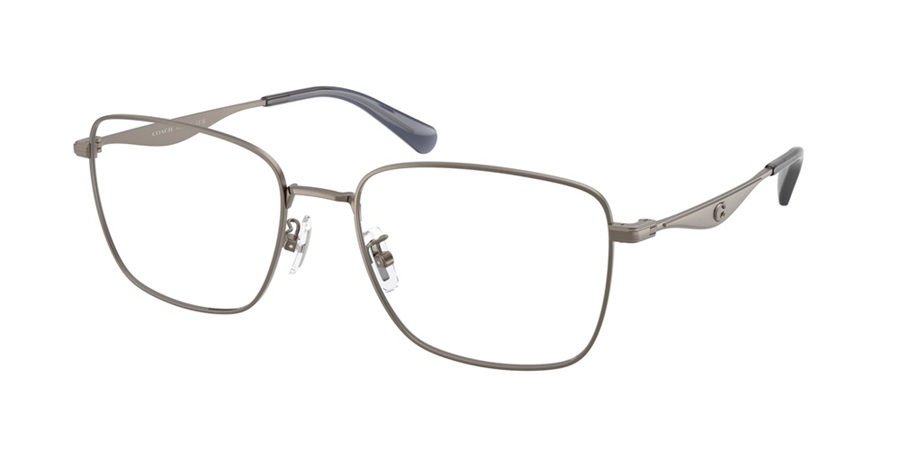 A studio product shot of Coach optical frames featuring a square, modern metal construction in a dark silver or gunmetal finish. The temples are sleek and sculpted, tapering toward the ends with a discreet C logo integrated into the hardware.