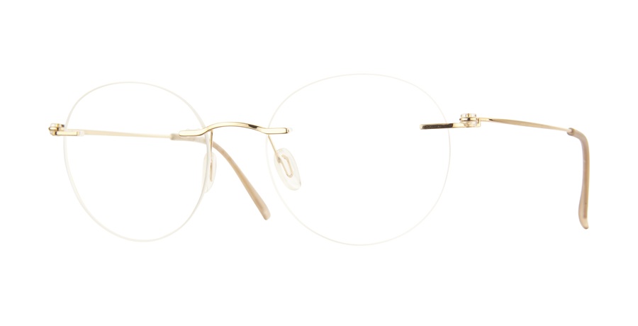 Rimless round eyeglasses with gold metal bridge and temples on white background.