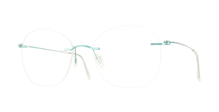 Rimless oversized round eyeglasses with teal/mint metal bridge and temples on white background.