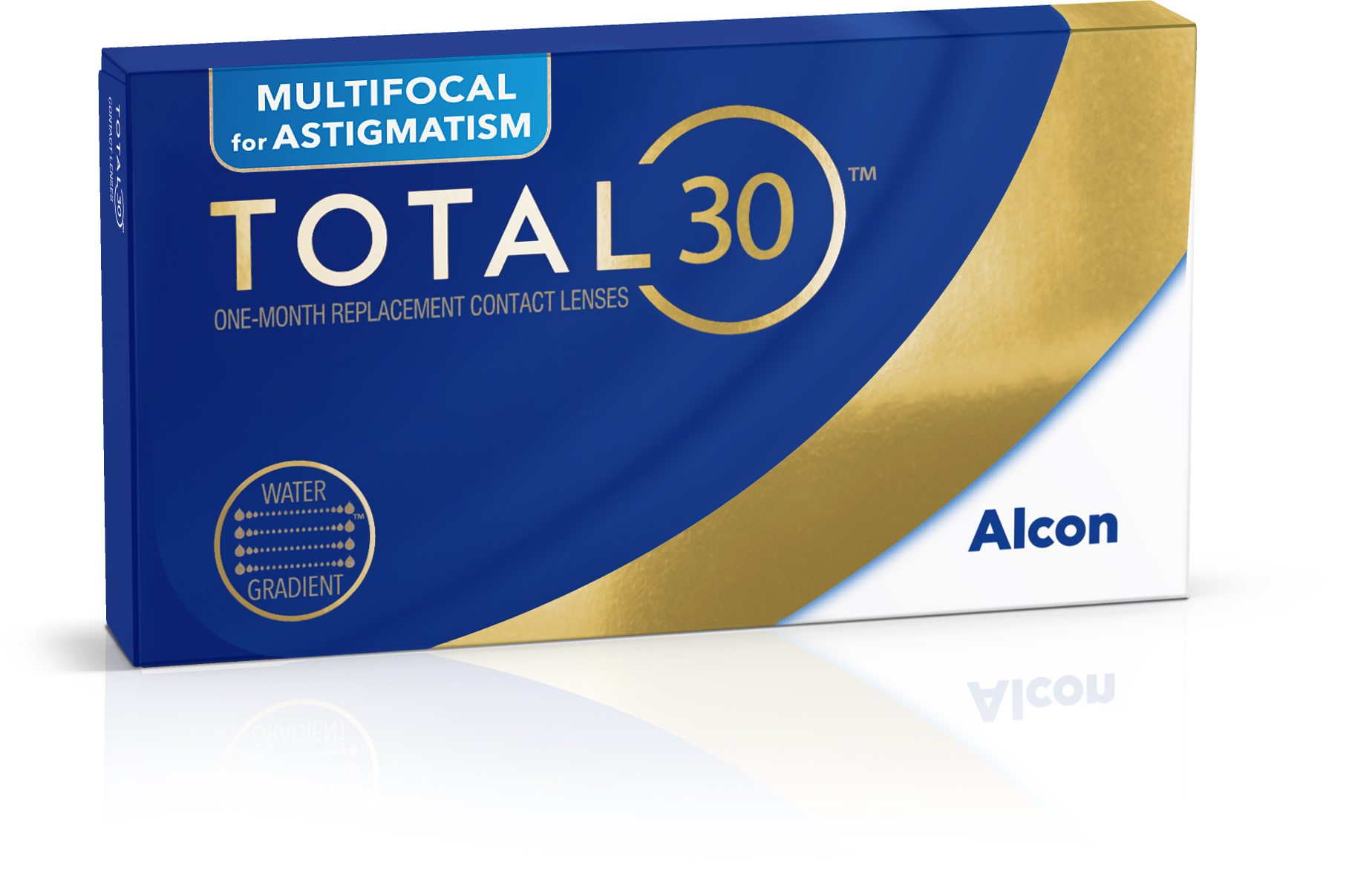 A box of Alcon TOTAL30® Multifocal for Astigmatism one-month replacement contact lenses. The packaging is blue and white with a gold swoosh, featuring the "Water Gradient" technology seal.
