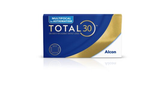 A box of Alcon TOTAL30® Multifocal for Astigmatism one-month replacement contact lenses. The packaging is blue and white with a gold swoosh, featuring the "Water Gradient" technology seal.