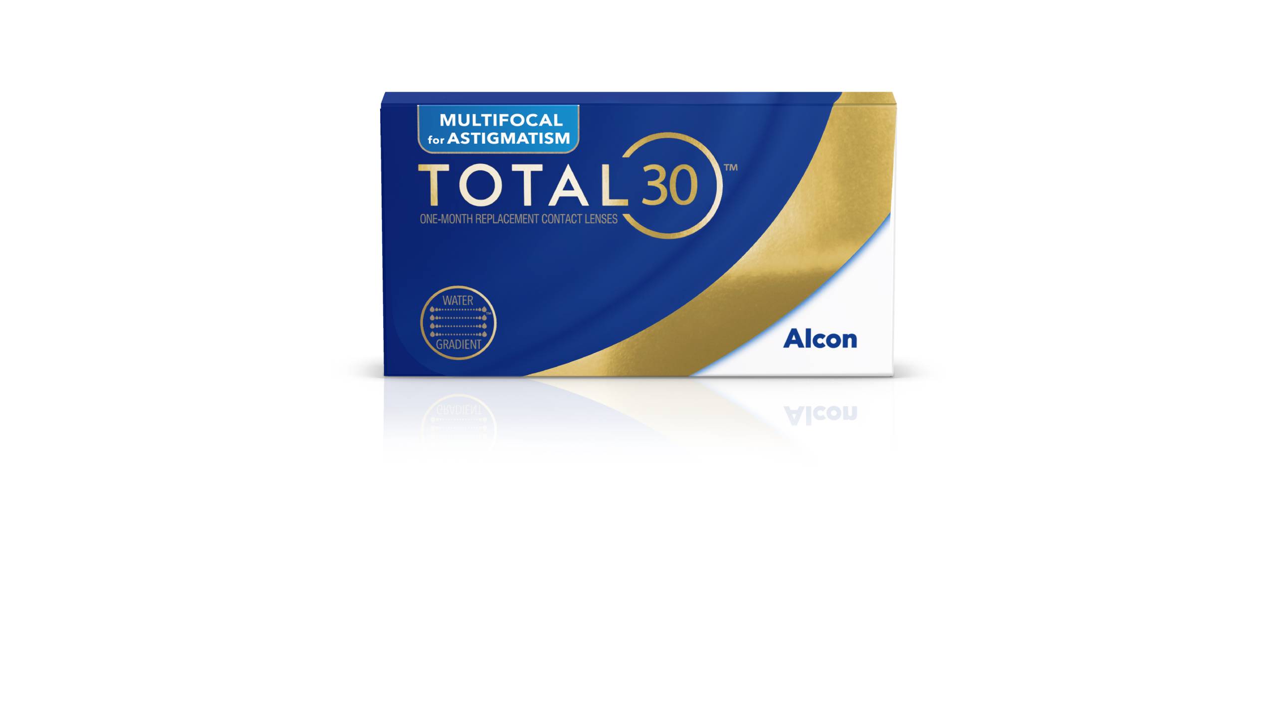 A box of Alcon TOTAL30® Multifocal for Astigmatism one-month replacement contact lenses. The packaging is blue and white with a gold swoosh, featuring the "Water Gradient" technology seal.