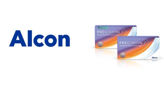 Alcon logo with PRECISION7 contact lens packages for astigmatism