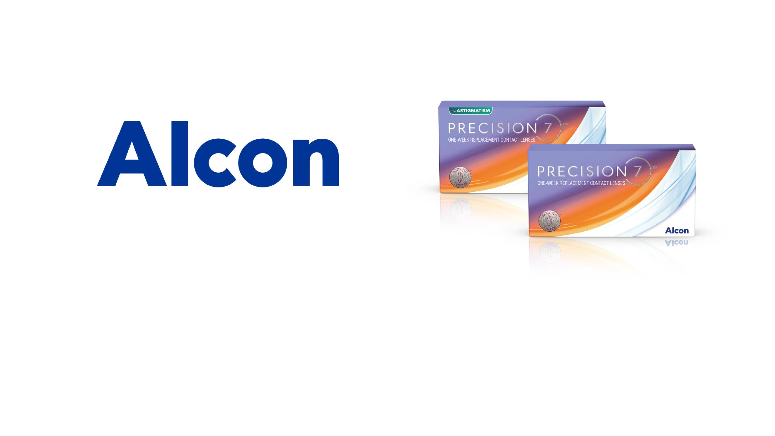 Alcon logo with PRECISION7 contact lens packages for astigmatism