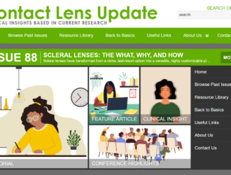Screenshot of the Contact Lens Update website featuring Issue 88 on scleral lenses, with sections for Editorial, Feature Article, Clinical Insight, and Conference Highlights