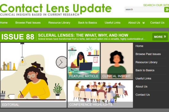 Screenshot of the Contact Lens Update website featuring Issue 88 on scleral lenses, with sections for Editorial, Feature Article, Clinical Insight, and Conference Highlights