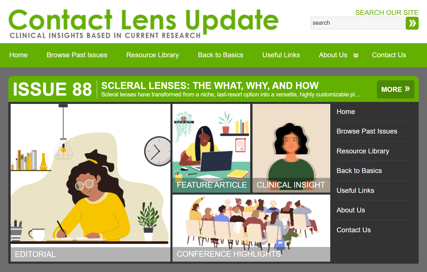 Screenshot of the Contact Lens Update website featuring Issue 88 on scleral lenses, with sections for Editorial, Feature Article, Clinical Insight, and Conference Highlights