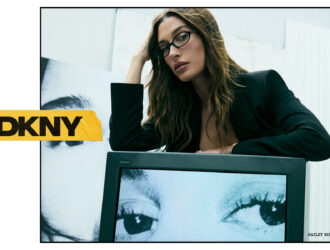 Hailey Bieber for DKNY Spring 2026 campaign wearing black eyeglasses