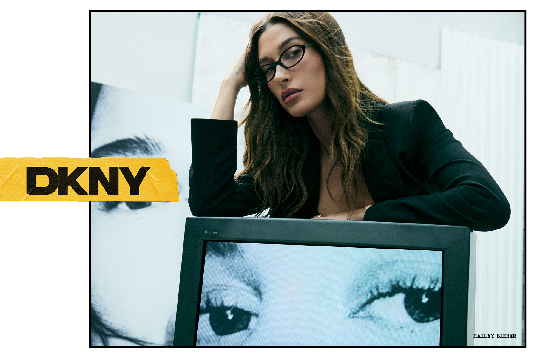 Hailey Bieber for DKNY Spring 2026 campaign wearing black eyeglasses