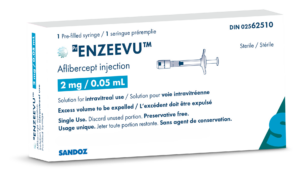 Vue rapprochée de la boîte d'emballage d'Enzeevu injection d'aflibercept 2 mg/0,05 mL avec illustration de seringue préremplie, DIN 02562510