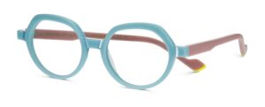 Monture arrondie bleu clair au design aérien avec des branches roses contrastées et des extrémités jaune vif.