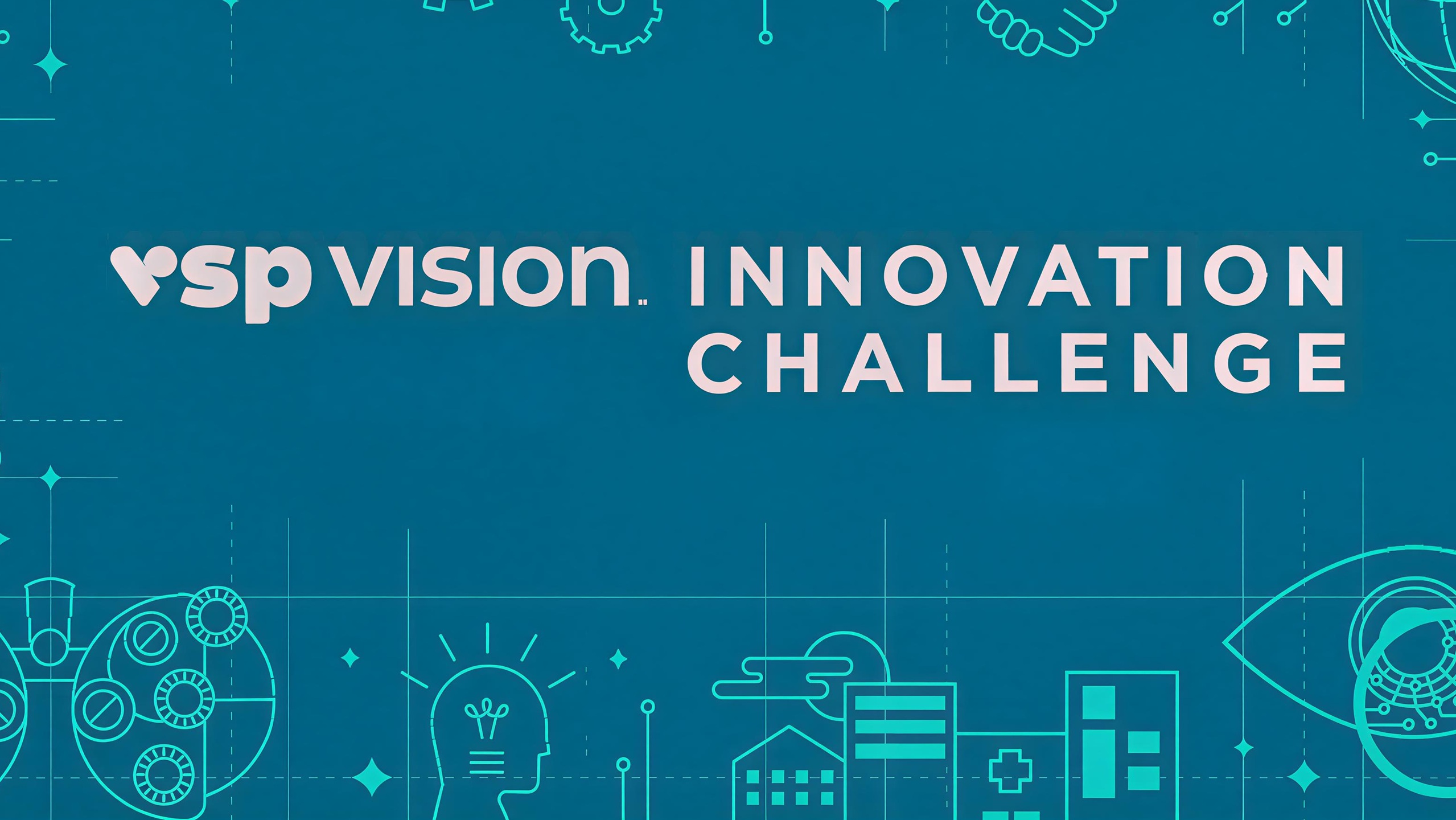Bannière promotionnelle du Défi d'Innovation VSP Vision avec iconographie sur le thème de la technologie et de la santé sur fond bleu-vert