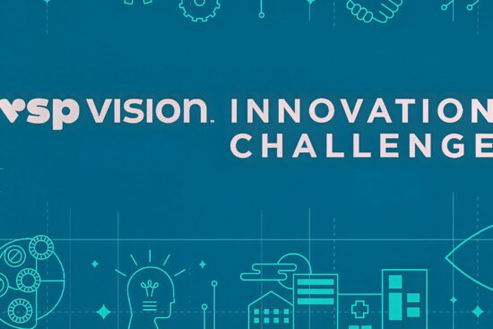 VSP Vision Innovation Challenge promotional banner with technology and healthcare themed iconography on teal background