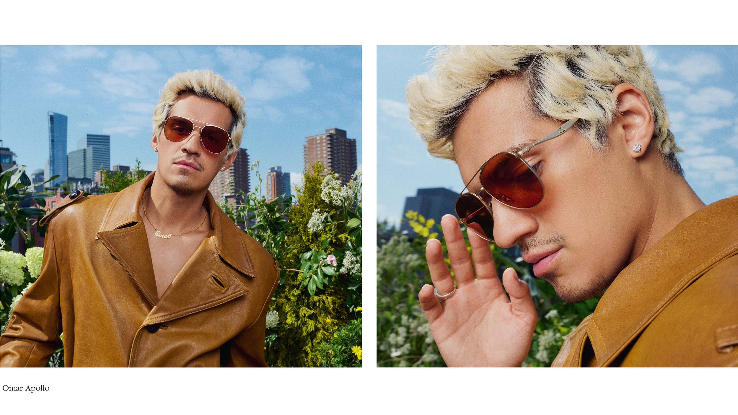 Une image de campagne en deux volets présentant l'auteur-compositeur-interprète mexicain-américain Omar Apollo, le nouvel ambassadeur mondial de Coach pour la collection PE26. À gauche, il pose devant les gratte-ciel de New York vêtu d'un trench-coat en cuir marron et de lunettes de soleil aviateur dorées aux verres teintés orange. À droite, un gros plan met en valeur les branches métalliques élégantes ornées du logo « Sculpted C »