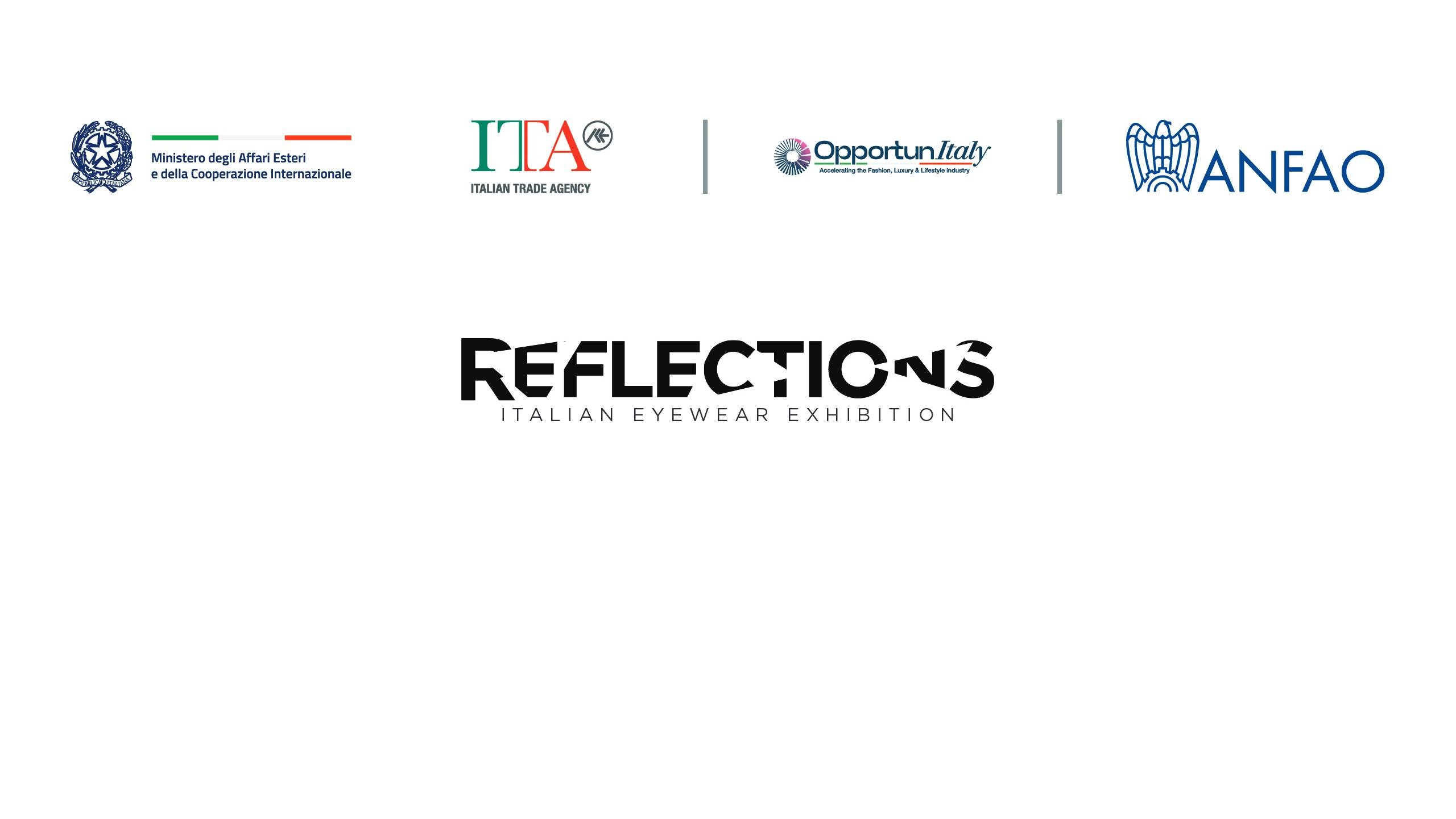 Reflections – Italian Eyewear Exhibition logo with institutional partner logos: ITA Italian Trade Agency, OpportunItaly, and ANFAO.