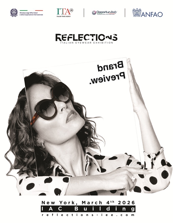 Promotional poster for Reflections – Italian Eyewear Exhibition New York, March 4th 2026 at the IAC Building, featuring a woman in oversized sunglasses holding a mirror.