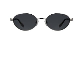 Karl Lagerfeld SS26 oval metal sunglasses in dark silver with grey lenses, front view