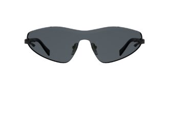 Longchamp LO799S shield sunglasses in Black, front view showing a wide wraparound grey lens and Horse emblem on the frame.