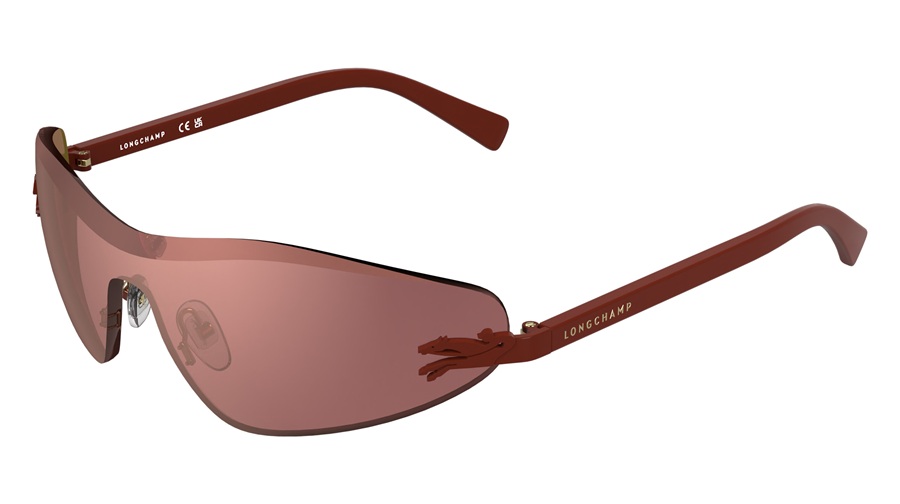 Longchamp LO799S shield sunglasses in Brick, featuring a rose-tinted oversized lens, metal frame with Horse emblem, and matching temples.